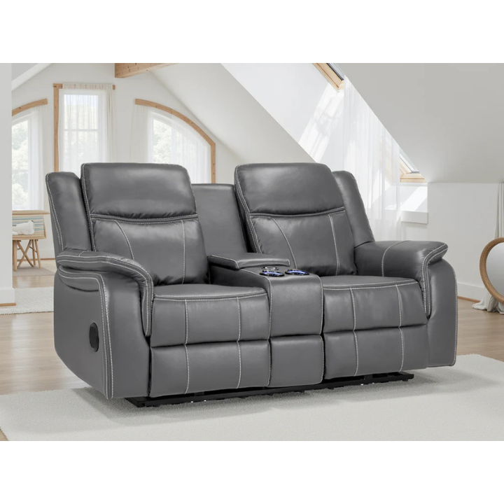 Galaxy Tech Grey Leather Electric Recliner Sofa 2 Seater – Reclining Sofa with USB, Cup Holders & Storage