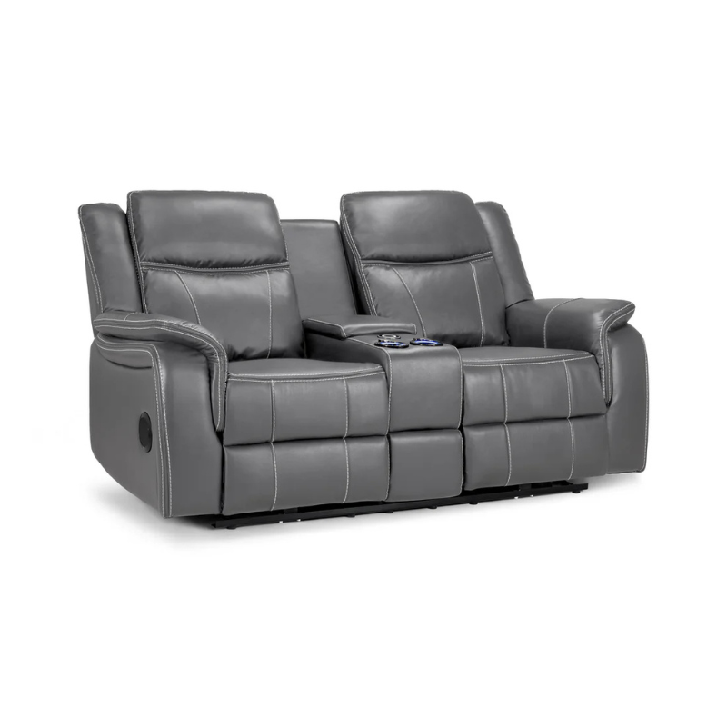 Galaxy Tech Grey Leather Electric Recliner Sofa 2 Seater – Reclining Sofa with USB, Cup Holders & Storage