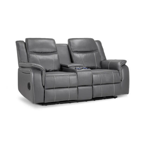 Galaxy Tech Grey Leather Electric Recliner Sofa 2 Seater – Reclining Sofa with USB, Cup Holders & Storage