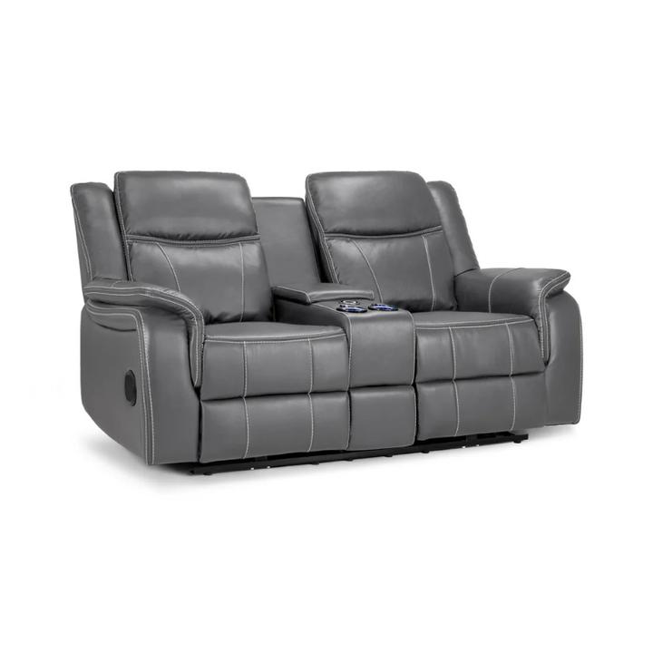 Galaxy Tech Grey Leather Electric Recliner Sofa 2 Seater – Reclining Sofa with USB, Cup Holders & Storage