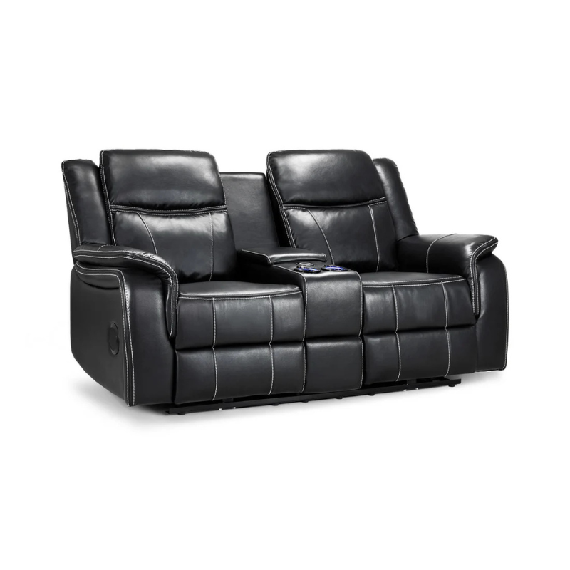 Galaxy Tech Black Leather Electric Recliner Sofa 2 Seater – Reclining Sofa with USB, Cup Holders & Storage