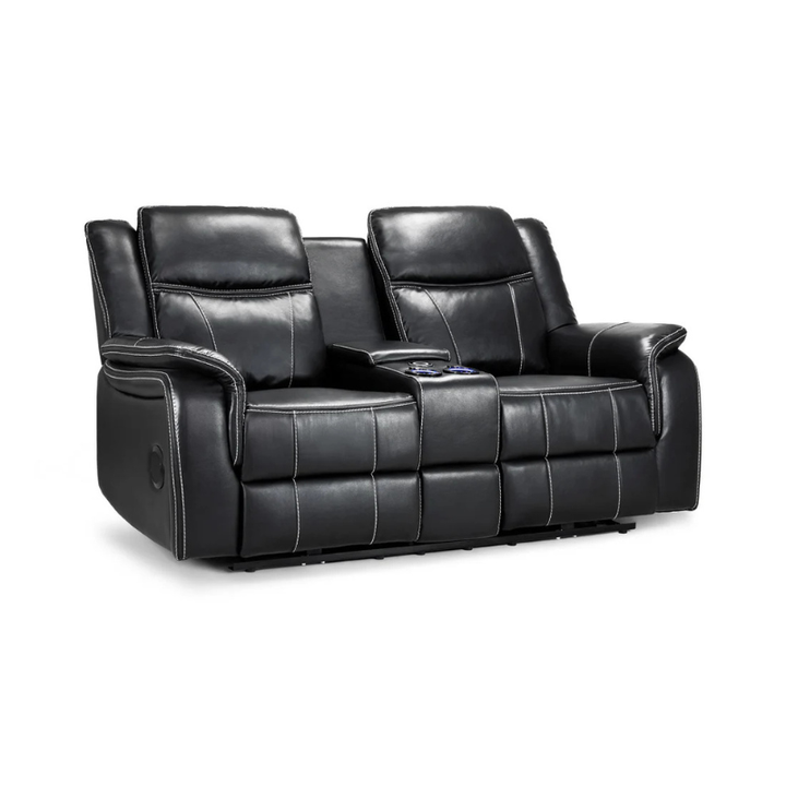Galaxy Tech Black Leather Electric Recliner Sofa 2 Seater – Reclining Sofa with USB, Cup Holders & Storage