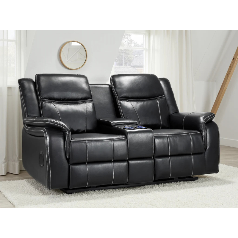 Galaxy Tech Black Leather Electric Recliner Sofa 2 Seater – Reclining Sofa with USB, Cup Holders & Storage