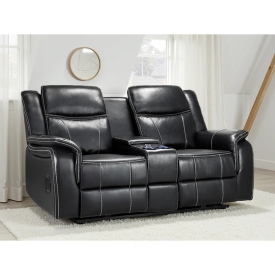 Galaxy Tech Black Leather Electric Recliner Sofa 2 Seater – Reclining Sofa with USB, Cup Holders & Storage