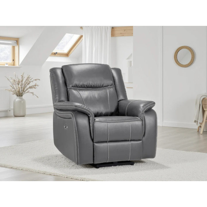Galaxy Tech Grey Leather Electric Recliner Armchair – Reclining Chair with USB, Cup Holders & Storage