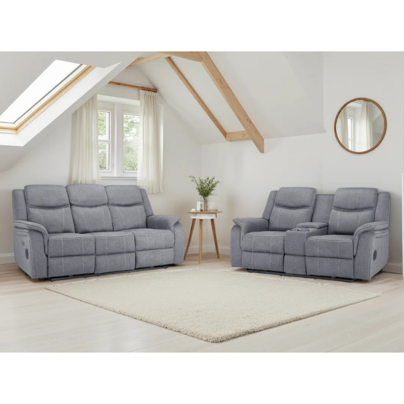 Galaxy Tech Grey Fabric Electric Recliner Sofa Set 3+2 – Reclining Sofas with USB, Bluetooth, LED & Storage