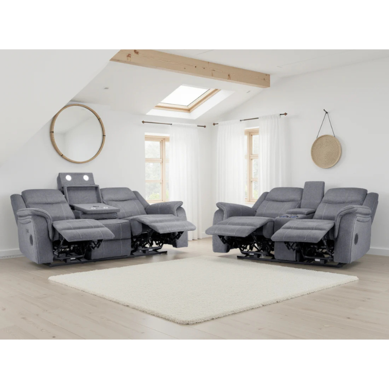 Galaxy Tech Grey Fabric Electric Recliner Sofa Set 3+2 – Reclining Sofas with USB, Bluetooth, LED & Storage
