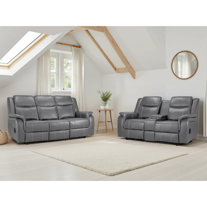 Galaxy Tech Grey Electric Recliner Sofa Set 3+2 – Reclining Sofas with USB, Bluetooth, LED & Storage