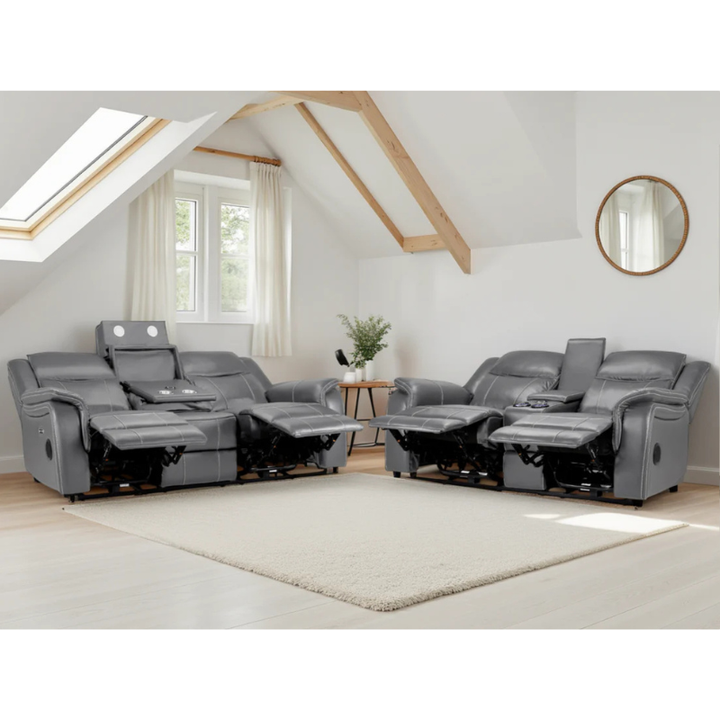 Galaxy Tech Grey Electric Recliner Sofa Set 3+2 – Reclining Sofas with USB, Bluetooth, LED & Storage