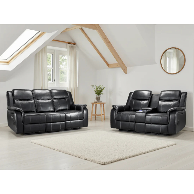 Galaxy Tech Black Electric Recliner Sofa Set 3+2 – Reclining Sofas with USB, Bluetooth, LED & Storage