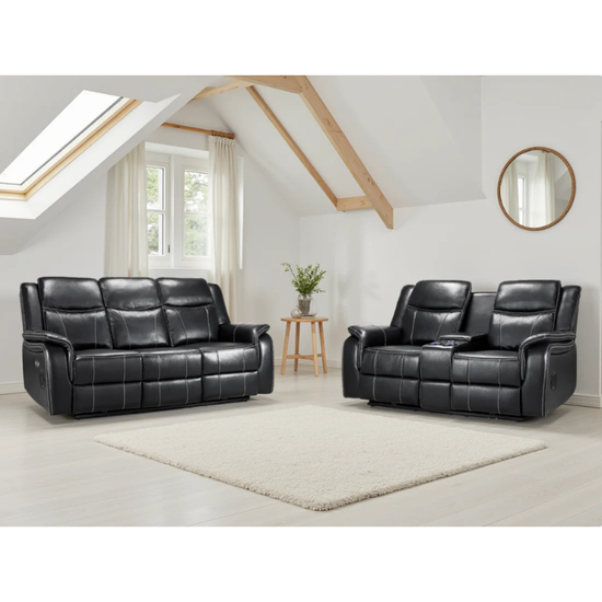 Galaxy Tech Black Electric Recliner Sofa Set 3+2 – Reclining Sofas with USB, Bluetooth, LED & Storage