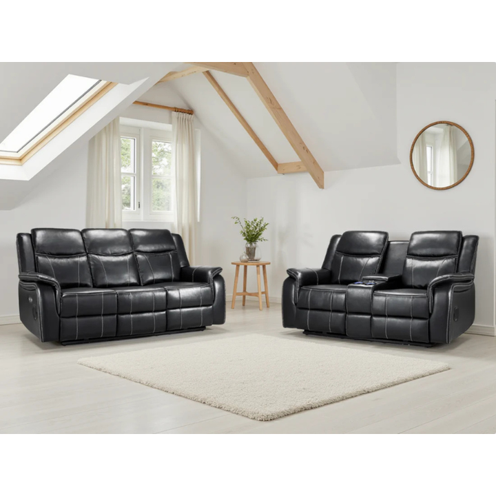 Galaxy Tech Black Electric Recliner Sofa Set 3+2 – Reclining Sofas with USB, Bluetooth, LED & Storage