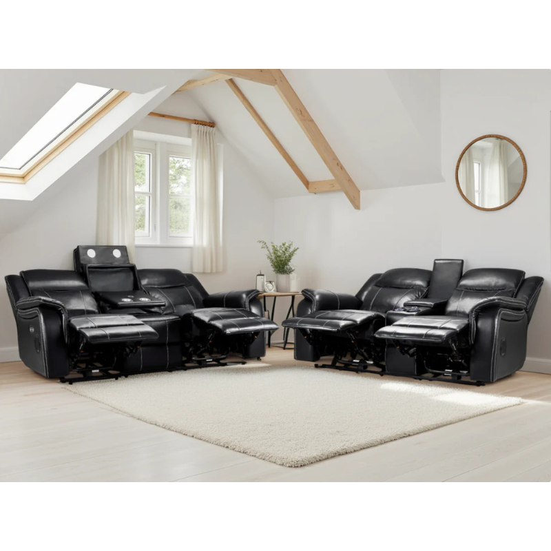 Galaxy Tech Black Electric Recliner Sofa Set 3+2 – Reclining Sofas with USB, Bluetooth, LED & Storage