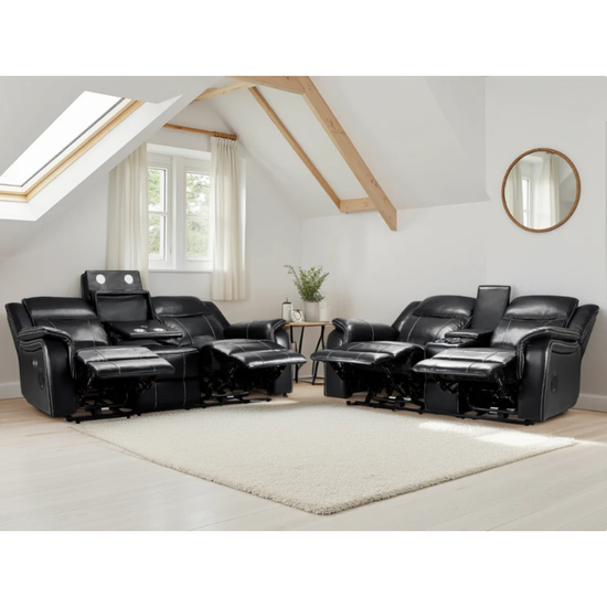 Galaxy Tech Black Electric Recliner Sofa Set 3+2 – Reclining Sofas with USB, Bluetooth, LED & Storage