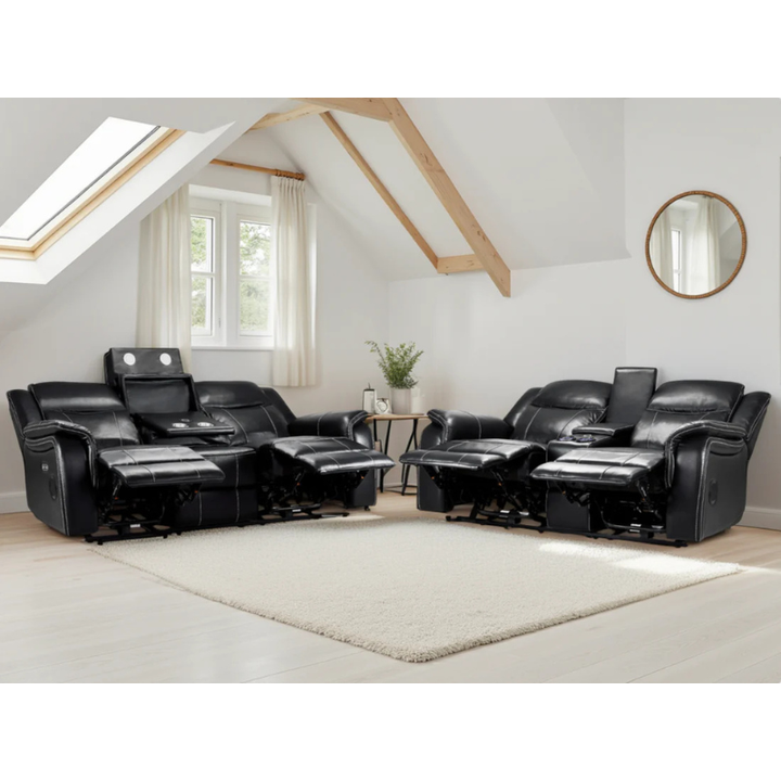 Galaxy Tech Black Electric Recliner Sofa Set 3+2 – Reclining Sofas with USB, Bluetooth, LED & Storage