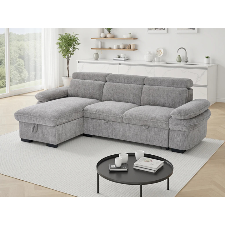 Hudson Grey Corner Sofa Bed – Universal Fabric Sofa with Storage, Adjustable Arms & Headrests