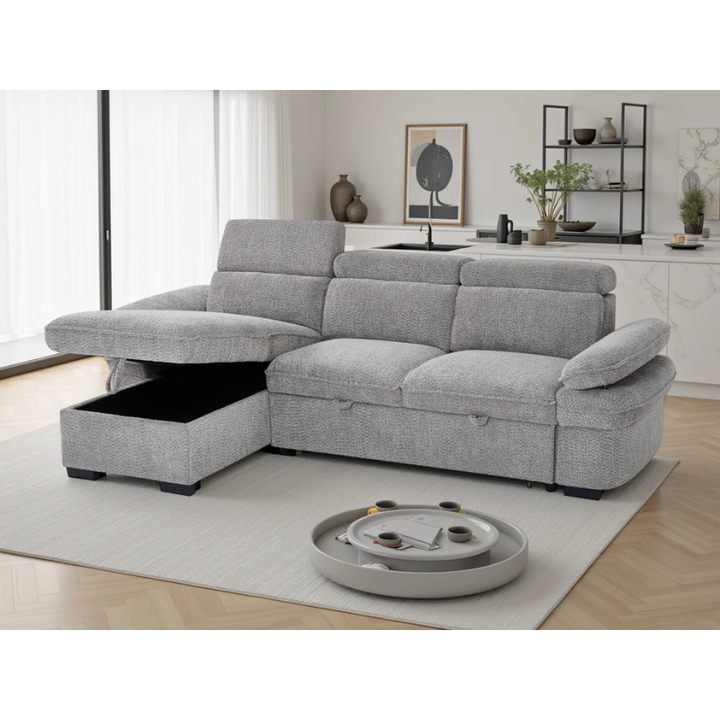 Hudson Grey Corner Sofa Bed – Universal Fabric Sofa with Storage, Adjustable Arms & Headrests