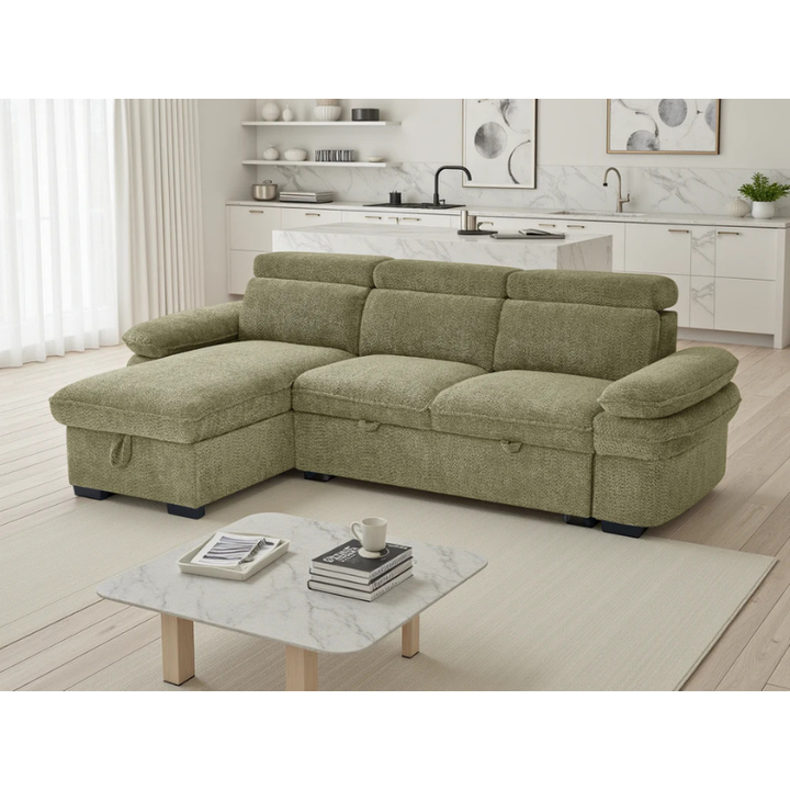 Hudson Green Corner Sofa Bed – Universal Fabric Sofa with Storage, Adjustable Arms & Headrests