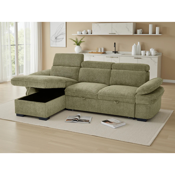 Hudson Green Corner Sofa Bed – Universal Fabric Sofa with Storage, Adjustable Arms & Headrests