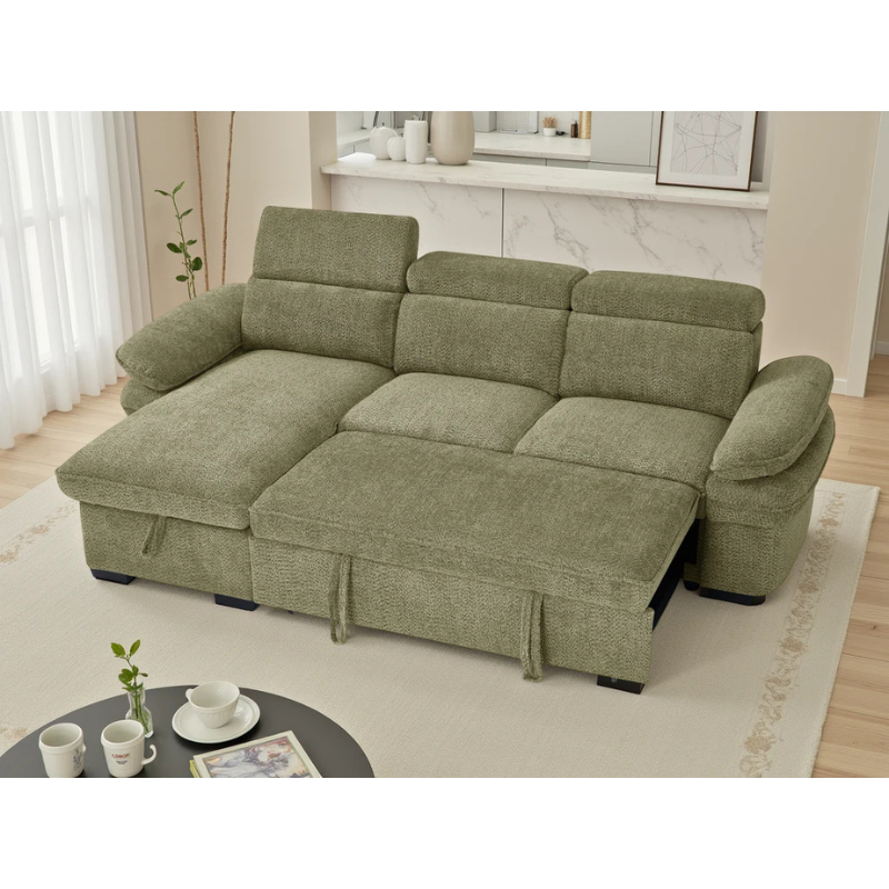 Hudson Green Corner Sofa Bed – Universal Fabric Sofa with Storage, Adjustable Arms & Headrests