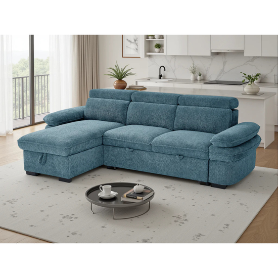 Hudson Blue Corner Sofa Bed – Universal Fabric Sofa with Storage, Adjustable Arms & Headrests