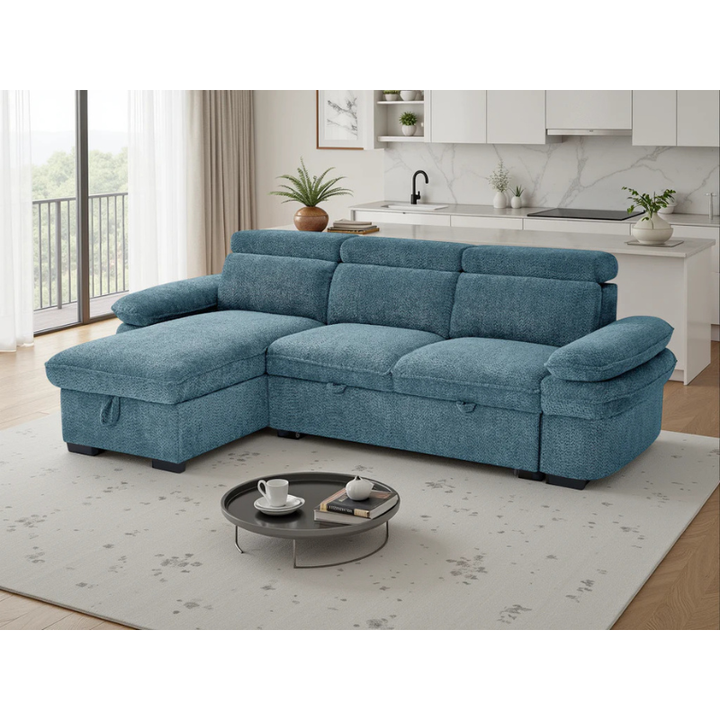 Hudson Blue Corner Sofa Bed – Universal Fabric Sofa with Storage, Adjustable Arms & Headrests