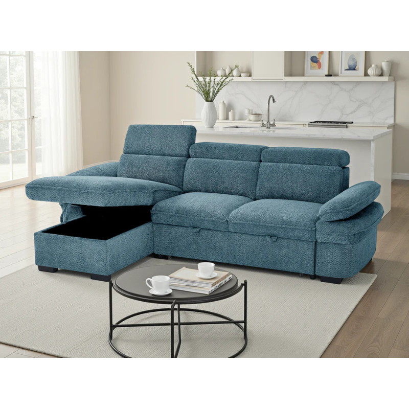 Hudson Blue Corner Sofa Bed – Universal Fabric Sofa with Storage, Adjustable Arms & Headrests