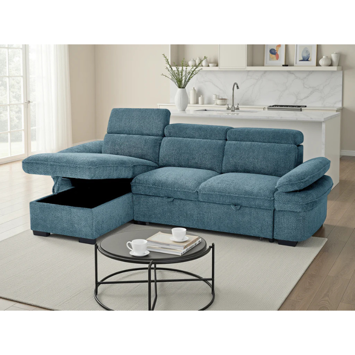 Hudson Blue Corner Sofa Bed – Universal Fabric Sofa with Storage, Adjustable Arms & Headrests