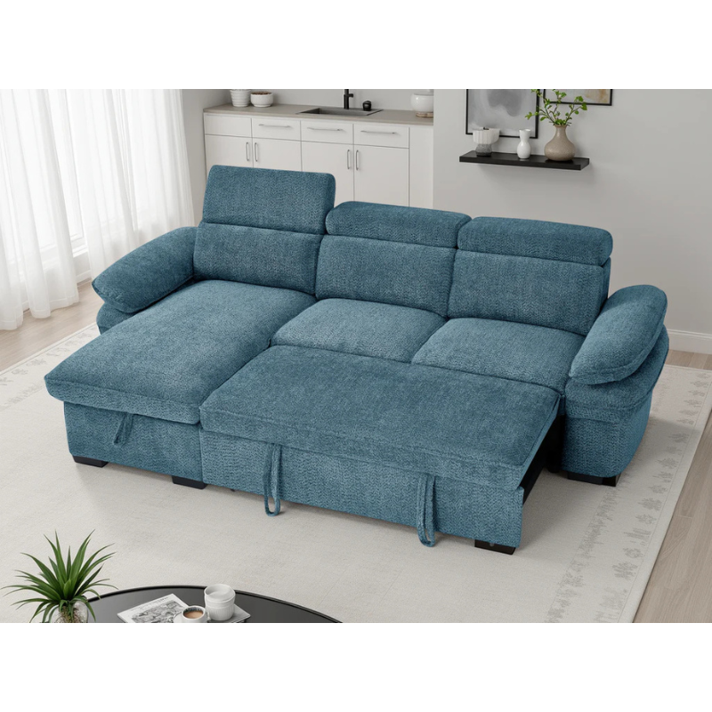 Hudson Blue Corner Sofa Bed – Universal Fabric Sofa with Storage, Adjustable Arms & Headrests