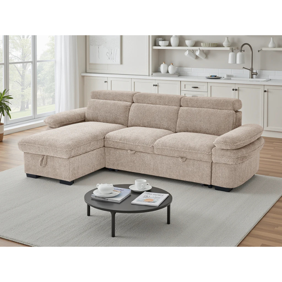 Hudson Beige Corner Sofa Bed – Universal Fabric Sofa with Storage, Adjustable Arms & Headrests
