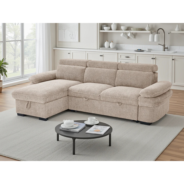Hudson Beige Corner Sofa Bed – Universal Fabric Sofa with Storage, Adjustable Arms & Headrests