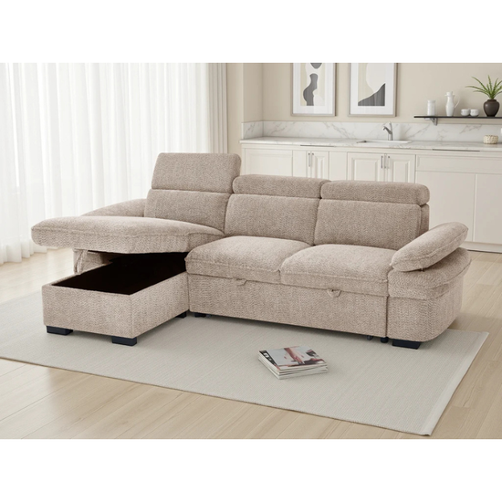 Hudson Beige Corner Sofa Bed – Universal Fabric Sofa with Storage, Adjustable Arms & Headrests