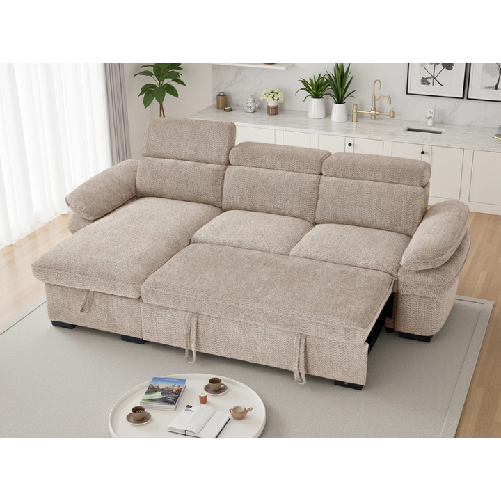 Hudson Beige Corner Sofa Bed – Universal Fabric Sofa with Storage, Adjustable Arms & Headrests