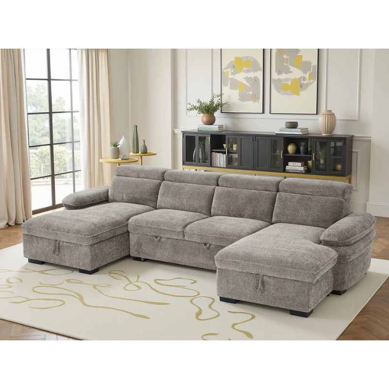 Hudson Grey U Shape Sofa Bed – Large Corner Sofa with Storage, Adjustable Arms & Headrests