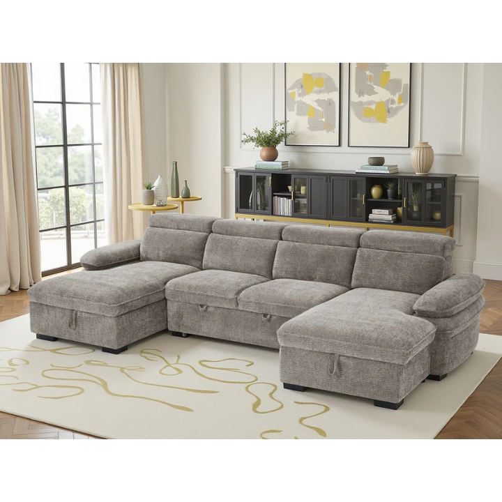 Hudson Grey U Shape Sofa Bed – Large Corner Sofa with Storage, Adjustable Arms & Headrests