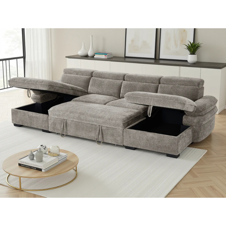 Hudson Grey U Shape Sofa Bed – Large Corner Sofa with Storage, Adjustable Arms & Headrests
