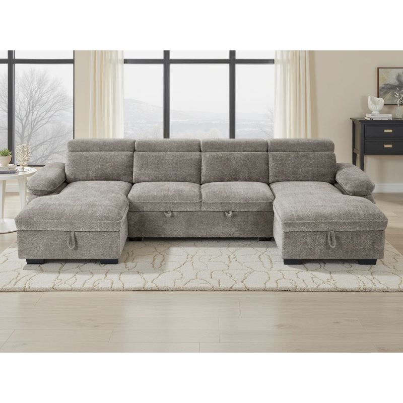 Hudson Grey U Shape Sofa Bed – Large Corner Sofa with Storage, Adjustable Arms & Headrests