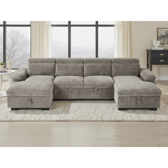 Hudson Grey U Shape Sofa Bed – Large Corner Sofa with Storage, Adjustable Arms & Headrests