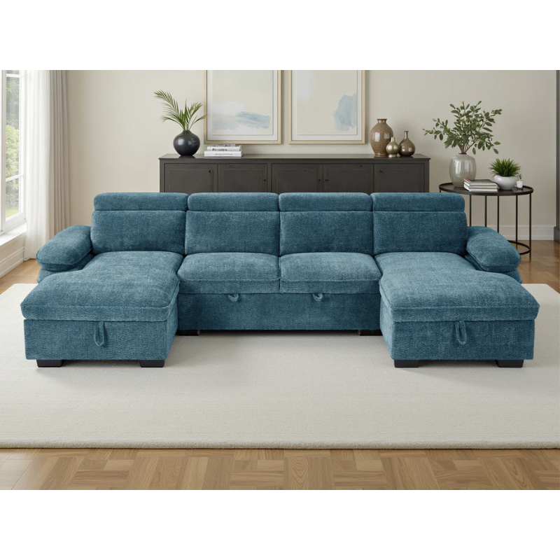 Hudson Blue U Shape Sofa Bed – Large Corner Sofa with Storage, Adjustable Arms & Headrests