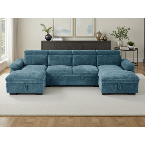 Hudson Blue U Shape Sofa Bed – Large Corner Sofa with Storage, Adjustable Arms & Headrests