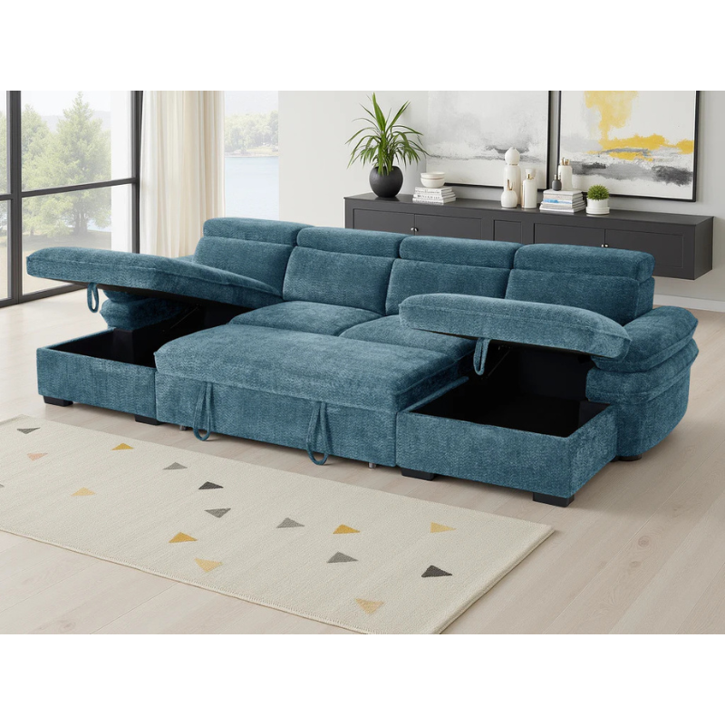 Hudson Blue U Shape Sofa Bed – Large Corner Sofa with Storage, Adjustable Arms & Headrests