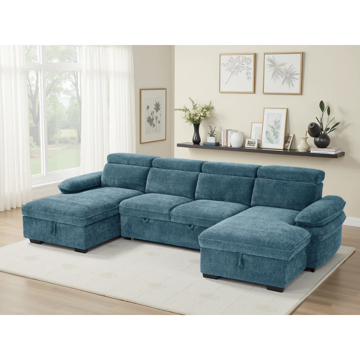 Hudson Blue U Shape Sofa Bed – Large Corner Sofa with Storage, Adjustable Arms & Headrests