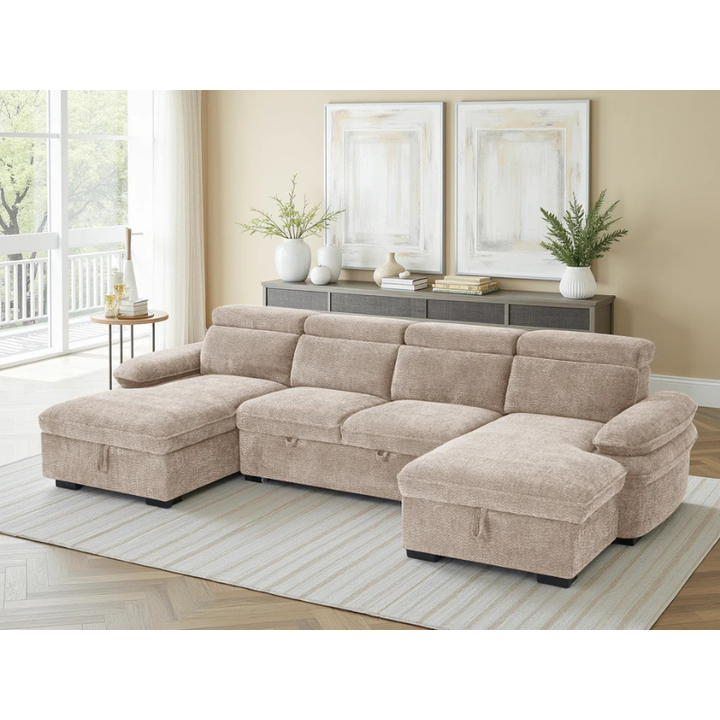 Hudson Beige U Shape Sofa Bed – Large Corner Sofa with Storage, Adjustable Arms & Headrests