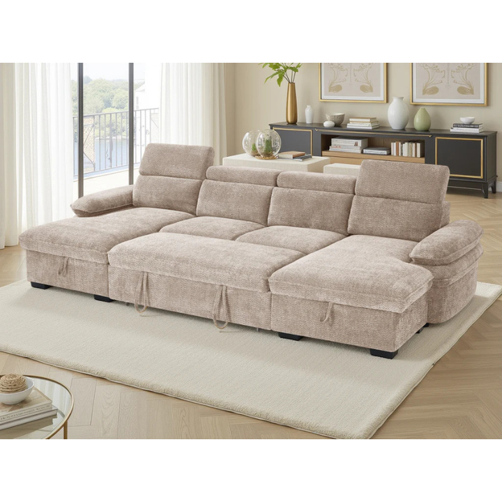 Hudson Beige U Shape Sofa Bed – Large Corner Sofa with Storage, Adjustable Arms & Headrests