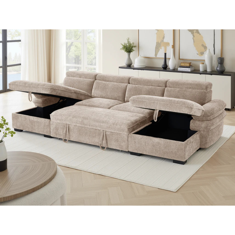 Hudson Beige U Shape Sofa Bed – Large Corner Sofa with Storage, Adjustable Arms & Headrests