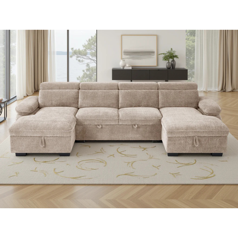 Hudson Beige U Shape Sofa Bed – Large Corner Sofa with Storage, Adjustable Arms & Headrests
