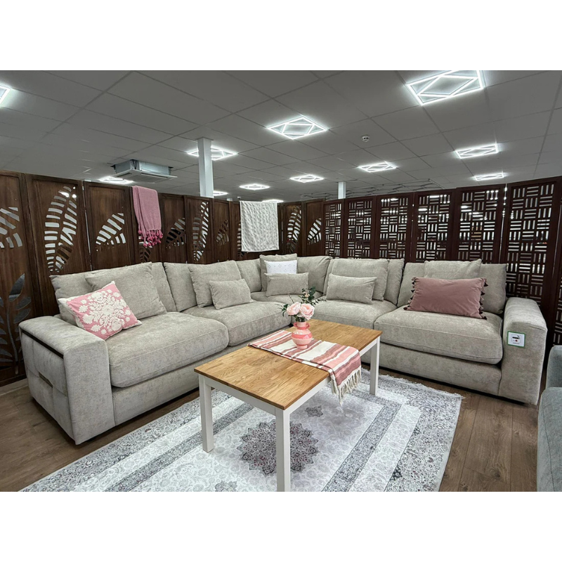Jupiter Beige Large Corner Sofa – Fabric U Shape Sofa with Deep Seating & Scatter Cushions