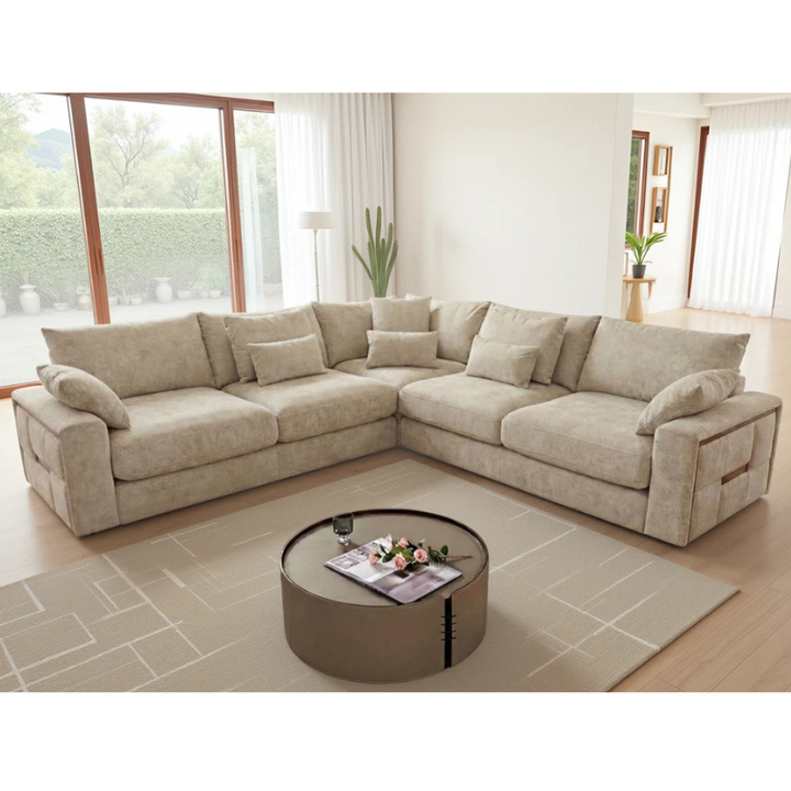 Jupiter Beige Large Corner Sofa – Fabric U Shape Sofa with Deep Seating & Scatter Cushions