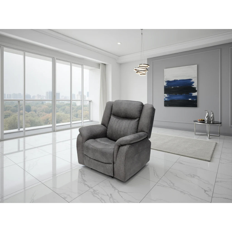 Leon Grey Electric Recliner Armchair – Fabric Reclining Chair with USB, Cup Holders & Drop Down Table