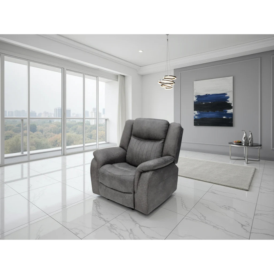 Leon Grey Electric Recliner Armchair – Fabric Reclining Chair with USB, Cup Holders & Drop Down Table